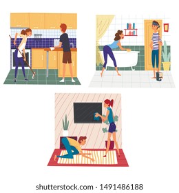 Husband and Wife Doing Housework Together Set, Family Cleaning Home on Weekend Vector Illustration