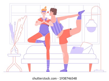 Husband and wife are doing yoga. Pregnant girl and sports, exercises, assanas. Parents-to-be in the living room. Vector flat illustration.