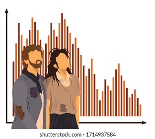 Husband And Wife During The Economic Crisis In The World On A White Background. Poor Family. Woman And Man Bankrupt. GDP Fall Chart, Financial Analysis. Vector Cartoon Flat Illustration Unemployed.