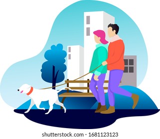 A husband and wife are enjoying the morning walking a dog in the middle of town 