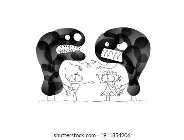 Husband and wife fight and quarrel. Screaming at each other with bad emotions. Black monsters stand behind them. Characters are created in linear style with black line. Combined with colored elements