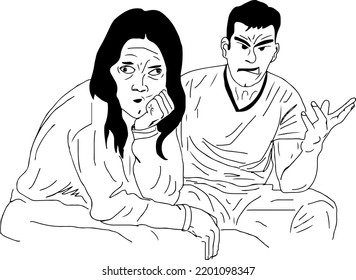 Husband wife fighting cartoon doodle drawing, line art vector illustration angry husband of his wife, girl friend and boy friend argument sketch drawing