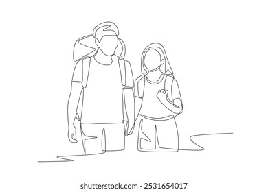 Esposo y esposa yendo de excursión. Senderismo con familias concepto de dibujo de una línea