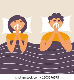 Husband and wife got the flu. Sick at home lie in bed. Virus infection. Allergy. Vector editable illustration