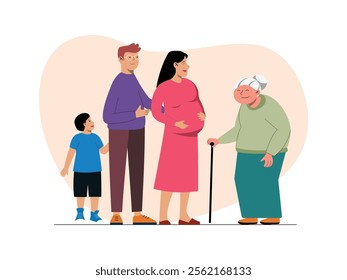 a husband and wife and grandmother are talking , the husband is holding the hand of his son, the wife is pregnant, they are waiting for their second child with joy
design, vector, illustration