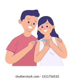 husband and wife are happy while holding the results of a pregnancy test, the husband hugs his wife knowing the results of a pregnancy test are positive, happy character vector illustration couples