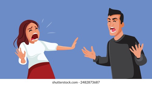 
Husband and Wife Having a Fight Before Split-up Vector Illustration. Upset girl trying to defend herself against furious husband 
