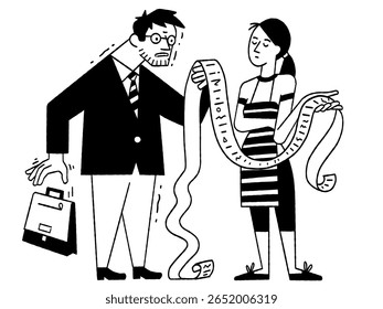 Marido e esposa segurando longa lista, rolo de dívida, em preocupação de enorme pagamento na família. Ilustração de vetor de caráter bonito, contorno, arte de linha fina, desenho desenhado à mão design, preto e branco, estilo simples