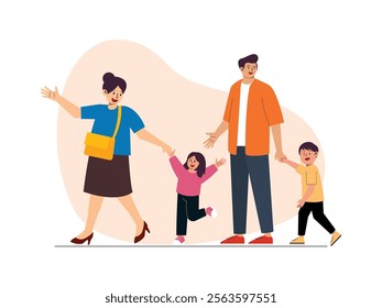 a husband and wife are holding their two children, a boy and a girl, playing together, looking happy.
design, vector, illustration