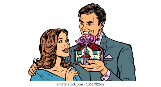 Husband and wife. House as a gift. real estate and rent isolate on white background. Pop art retro vector illustration drawing kitsch vintage