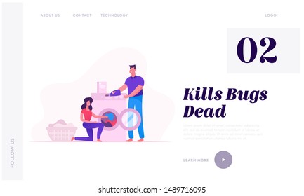 Husband and Wife Household Activity Website Landing Page. Young Woman Loading Dirty Linen to Washing Machine, Man Pouring Detergent, Home Chores Web Page Banner. Cartoon Flat Vector Illustration