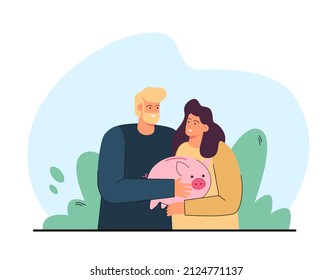Husband and wife hugging and holding piggybank. Cheerful couple saving money flat vector illustration. Family budget, investment, finances concept for banner, website design or landing web page