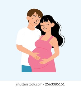 husband and wife hugging together, husband touching on his wife belly illustration 