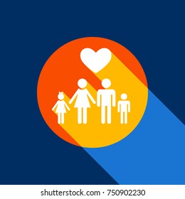 Husband and wife are kept children's hands. Love. Vector. White icon on tangelo circle with infinite shadow of light at cool black background. Selective yellow and bright navy blue are produced.
