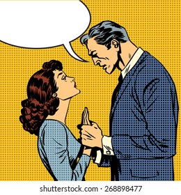 The Husband And Wife Lovers Have A Serious Talk Love Conflict Pop Art Comics Retro Style Halftone. Imitation Of Old Illustrations. Bubble For Text