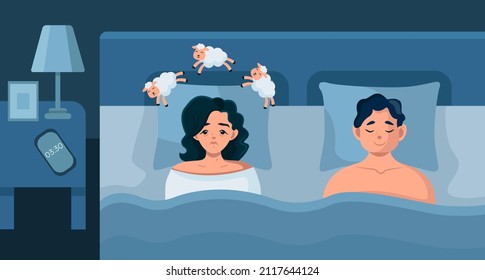 Esposo y esposa están acostados en una habitación oscura. La mujer sufre de insomnio. Una niña cansada yace con los ojos abiertos y no puede quedarse dormida. Ilustración vectorial en estilo de caricatura