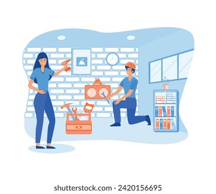  Husband and wife make repairs and change wallpaper. flat vector modern illustration 