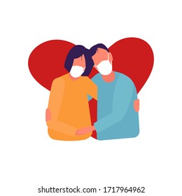 
Husband and wife in medical masks are protected from coronavirus, flu, vector illustration