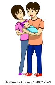 Husband, wife, and newly born child.  The father is carrying the child and the mother is standing beside. Everyone are happy.  It is an image that shows the love of the family.