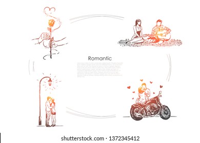 Husband and wife on picnic, man playing guitar, girlfriend and boyfriend on date, dating banner. Romantic relationship, valentine day celebration concept sketch. Hand drawn vector illustration