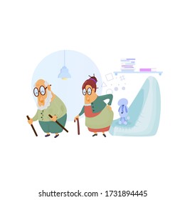 Husband and wife are pensioners. Illustration flat design, older people with a dog.