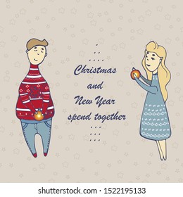 Husband and wife are preparing for the new year. Couple in clothes with a Scandinavian pattern. Christmas ball. A family. Postcard with the inscription Christmas and New Year let's spend together