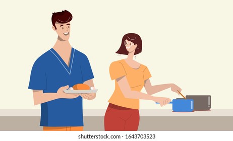 Husband and wife are preparing together. Man and woman in the kitchen. Vector illustration in a flat style