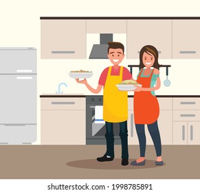 Husband and wife are preparing together. Man and woman in the kitchen. Vector illustration in a flat style