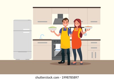 Husband and wife are preparing together. Man and woman in the kitchen. Vector illustration in a flat style