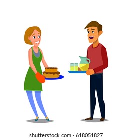 Husband and wife are preparing together. Man and woman in the kitchen. Vector illustration in a flat style.