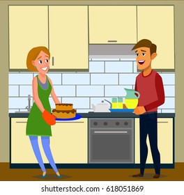 Husband and wife are preparing together. Man and woman in the kitchen. Vector illustration in a flat style