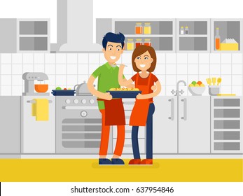 Husband and wife are preparing together. Man and woman in the kitchen. Young family spend time in the kitchen vector illustration in flat design.