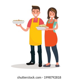 Husband and wife are preparing together on an isolated background. Vector illustration in a flat style