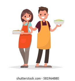 Husband and wife are preparing together on an isolated background. Vector illustration in a flat style