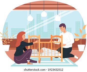 Husband and wife put to bed child in cradle. Healthy kid, happy family, maternity leave and glad motherhood. Mother and father spend time at home with their baby. Parents help child to fall asleep