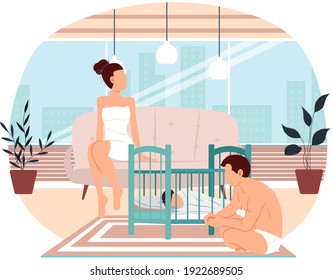 Husband and wife put child to bed. People in underwear spend time after bath together at home. Mother and father with their baby. Parents help child to fall asleep. Family is resting and communicating
