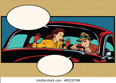 Husband and wife quarrel in the car, pop art retro vector illustration. family conflict
