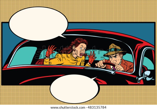 Husband and wife quarrel in the car, pop\
art retro vector illustration. family\
conflict