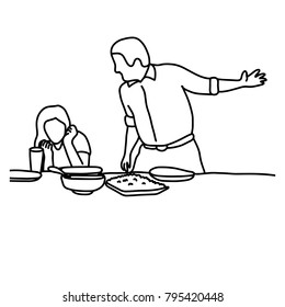 husband and wife in quarrel in kitchen before having meal vector illustration sketch hand drawn with black lines, isolated on white background