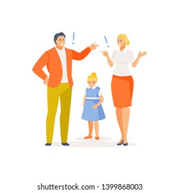 Husband and wife quarrel and their sad child. Conflicts and divorce. Vector illustration