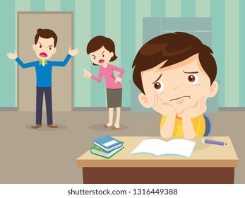 husband and wife quarreling.Parents quarrel and alone child listen. Family conflict. 