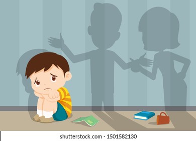 Husband And Wife Quarreling.Parents Quarrel And Child Listen. Family Conflict. Shadow Of Dad And Mom  Quarreling With Sad Child Crying