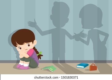 Husband And Wife Quarreling.Parents Quarrel And Child Listen. Family Conflict. Shadow Of Dad And Mom  Quarreling With Sad Child Crying