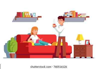 Husband and wife relaxing at home living room interior. Man brings hot coffee cup to woman lying on sofa reading book. Flat vector character illustration isolated on white background.