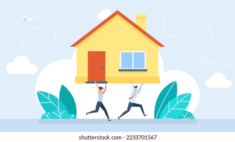 A husband and wife run holding a house above their heads. People moving or leaving their homes and offices. Family couple pack belongings and relocating to new apartments. Flat vector illustration