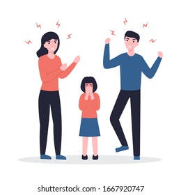 Husband and wife scandal, child crying. Concept flat vector cartoon Illustration. Family problems, pressure at work, domestic abuse, unhappy marriage.