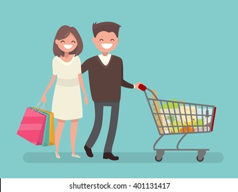 Husband and wife shopping. Vector illustration flat design