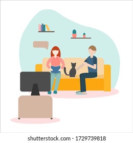 Husband and wife are sitting at home on the couch watching TV and relaxing. A woman is reading a book. A man stroking a cat. Family evening vacation on the couch.