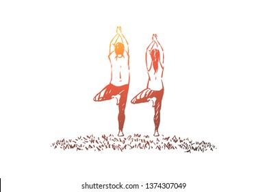 Husband and wife in sportswear standing in tree posture, balance and concentration exercise, fitness workout. Couple doing yoga, pilates class concept sketch. Hand drawn vector illustration