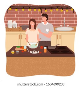 Husband and wife stand by table on kitchen. Man hugging woman, his wife. Housewife prepare vegetable salad for dinner. Pan on stove, ingredients for meal on desk. Vector illustration of cooking